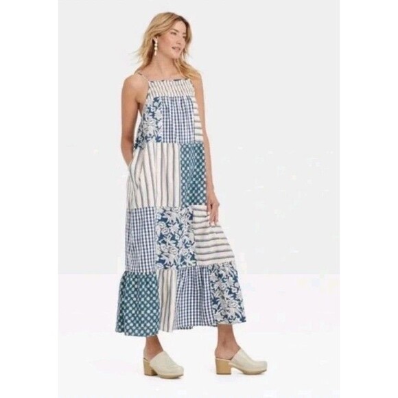 Universal Thread Dresses & Skirts - Universal Thread Gingham Floral Patchwork Tiered Maxi Dress BOHO 100% Cotton  L